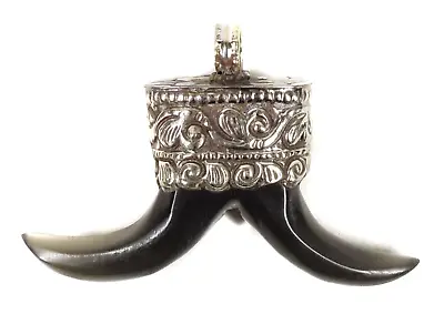 Tibetan Dual-Horn Resin Pendant Black With Silver Repousse • £21.23