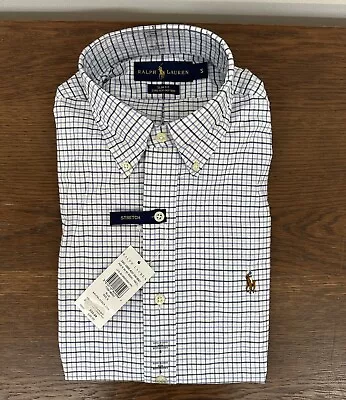 Polo Ralph Lauren Grid Check LS White Blue Stretch Oxford Shirt Slim Fit Small S • £4.20