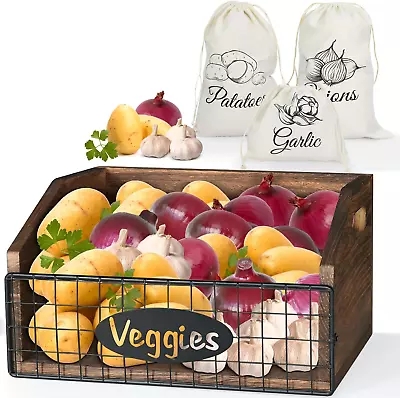 Wooden Crate Potato And Onion Storage Bin Vegetable Baskets Kitchen Organizer • $46.99