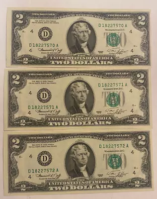 1976 2 Dollar Note $2 Uncirculated Sequential Order X 3 • $8.51