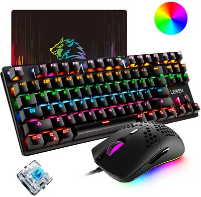 US Mechanical Gaming Keyboard And Mouse Set 87Keys Rainbow Backlit PC Laptop PS4 • $28.89