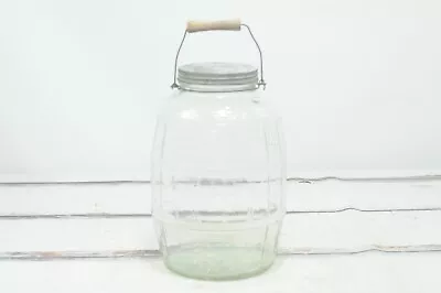 Vintage Duraglas 13 H Heavy Glass Barrel Pickle Jar With Lid Wooden Handle Bale • $98