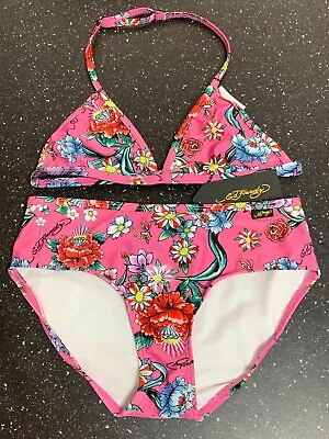 Ed Hardy Bikini 2Pc UPF50+ Allover Floral Print 11-12yrs 152cm Pink Mix BNWT • £11.69