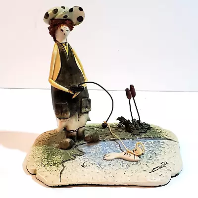 Zampiva Sculptured Pottery Artist Signed Italy Fishing Figurine Spaghetti Hair • $32.39