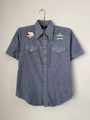 Vintage 70s Sears Western Wear Pearl Snap Embroidered Short Sleeve Shirt Medium • $30