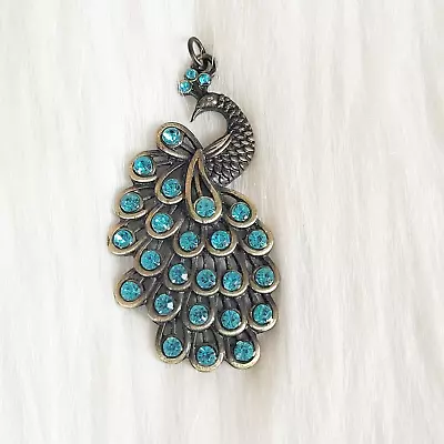 Blue Rhinestone Peacock Pendant Brass Tone Metal Bird Figural 13941 • $8.99