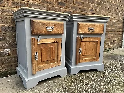 Pair Of Vintage Farmhouse Bedside Tables Drawers Chests Solid Hardwood • £359.99