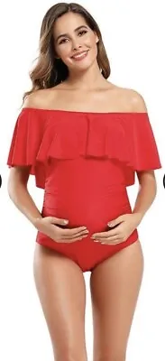 SHEKINI Womens Off-Shoulder Maternity Swimsuits Ruffle Red One Piece Size XL • $15.01