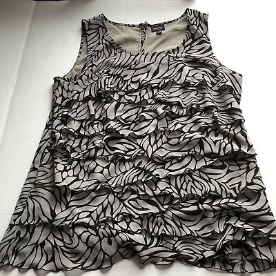 Nicole Miller Gray Black Print Ruffle Front Sleeveless Blouse Sz XL A3203 • $13