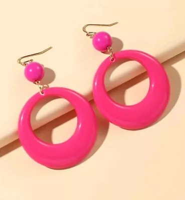 Women's 70s 80s Pink Boho Acrylic Retro Drop Dangle Fashion Earrings Jewellery  • £4.99