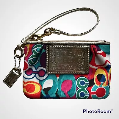 Coach Poppy Multi-color Signature & Metallic Gold Wristlet Small Purse Excellent • $39.99