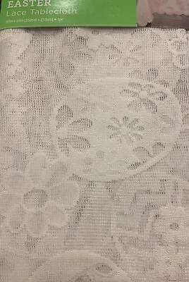 New White Lace Easter Tablecloth 60  X 84  Egg Flowers Scalloped Edge Spring Fun • $13.49