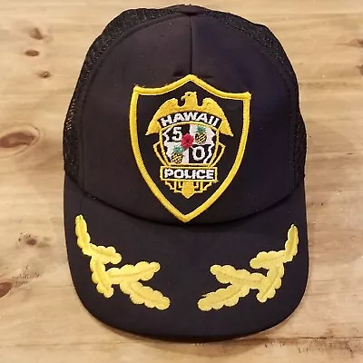 Vintage Hawaii 5 0 Police Hat Cap Snapback Black Scramble Leaf Big Patch Trucker • $16.95