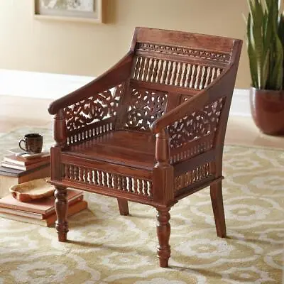 Hand-Carved Maharaja Moroccan Arm Chair Sturdy Dark Brown Wood Fully Assembled • $513.60
