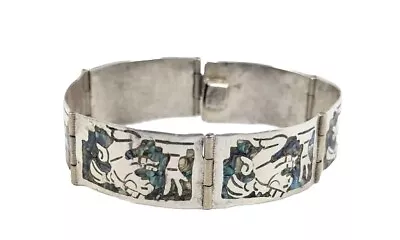 Vintage 925 Silver & Abalone Chips Inlay Mayan Design Panel Bracelet • $30
