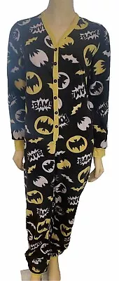 Batman PJ’s  One Piece Medium 8/10 Black/ Yellow/ White With Button Back Flap DC • $8.99