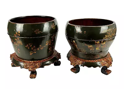 Fine Near Pair Antique Chinese Lacquered Gilt Wood Grotesque Planters Jardiniere • £0.99