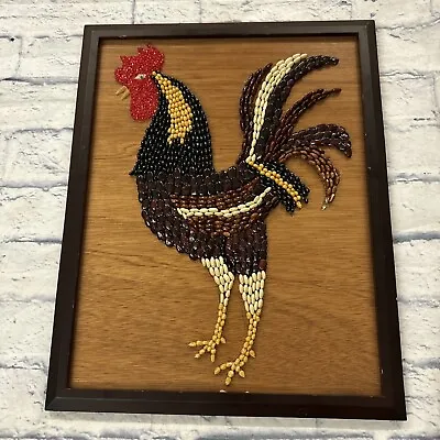VTG  Mosiac Bean Art Rooster Wall Decor Framed  Folk Art Rooster Grains/Beans • $32