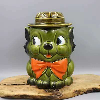 VTG Green Cat Kitten Orange Bow Tie W/ Hat Cookie Jar MCM Japan 1960’s 10” • $35