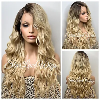 Blonde Lace Front Wig Women Wavy Dark Roots Side Part Long Synthetic Heat Ok US • $69.96