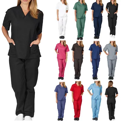 Mens Womens Scrubs Doctor Nurse Medical Workwear Hospital Uniform Top Long Pants • £13.91