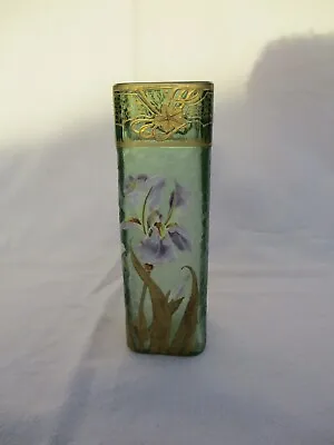 Mont Joye Art Nouveau Hand Painted Violet Iris Flower Enamel Gold Vase Legras • $840
