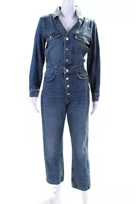 Zara Womens Blue Medium Wash Button Down Long Sleeve Denim Overalls Size S • $34.99
