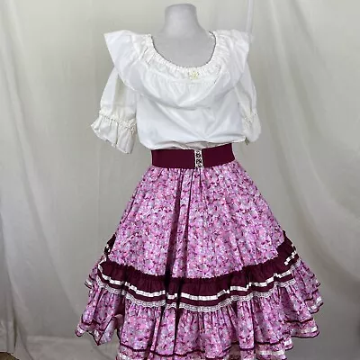 Square Dance DRESS 2 Pc Outfit Pink Burgundy Floral Skirt Ivory Blouse & Belt  • $99