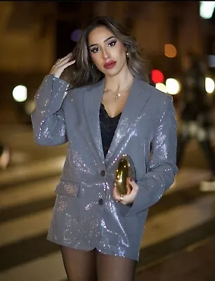 Zara Woman Silver Grey Sequins Blazer Straight Menswear Size S_1255/736 Fw23_nwt • $89