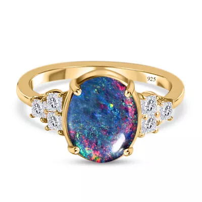 TJC Blue Opal Solitaire Ring  In Yellow Gold Over Silver Size P Metal Wt. 3 Gms • £57.99