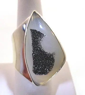 Marta Howell Solid 925 Silver Lava Flow Black White Quartz Agate Druzy Ring #3 • $215