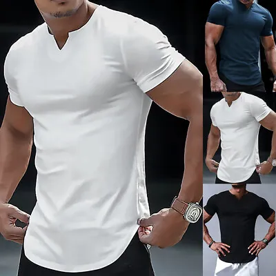Mens V-Neck Henley T-Shirt Tops Short Sleeve Slim Fit Golf Muscle Casual Blouse • $15.49