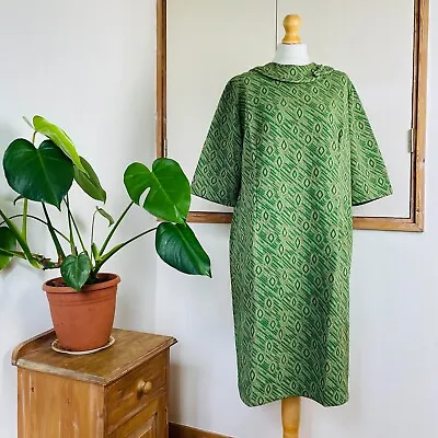 £24 • Buy Vintage 60s Green Abstract Print Crimplene 3/4 Sleeve Plus Size Shift Dress 24