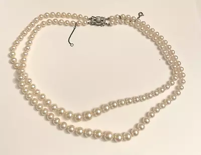 Vintage Majorica Faux Pearl Necklace Hand Knotted Double Strand 19” 800 Silver • $34.99