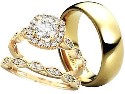 His And Hers Tungsten /925 Sterling Silver Gold Tone Wedding Couple Ring Set  • £79.99