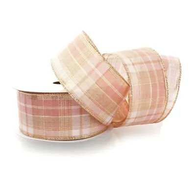 2 1/2  Wired Ribbon Rose Pink Metallic Gold Plaid For Bows Wreaths Decor Gif • $4.28