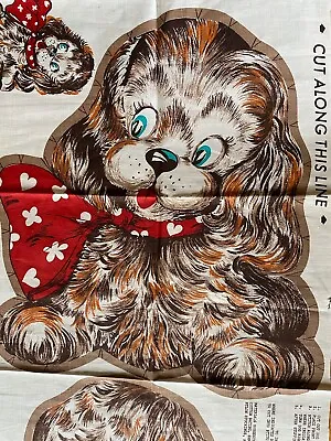 Vintage Cut & Sew Fabric Panel DOG W/ Red Bow Plush Pillow 14x17 • $13.95