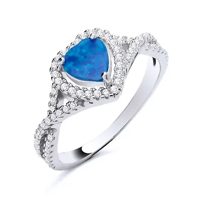 925 Sterling Silver Blue Opal & CZ Heart Halo Ladies Cluster Ring Size J To S • £14.95