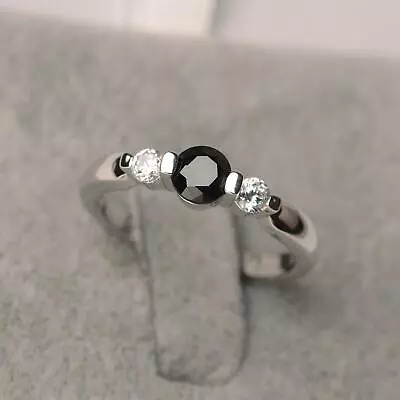 1ct Ring Round Black Lab-Created Moissanite Tension Set Trilogy 14k Gold Plated • $149.99