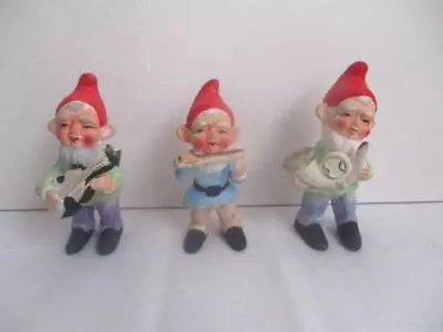 3 Vtg Bisque Ceramic Musical Gnomes/Elves-Clip On Christmas Ornaments-Japan • $12.99