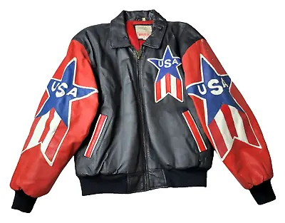 Michael Hoban Vintage Wheremi USA Flag Leather Jacket Mens Large L • $72.99