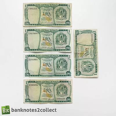 MALTA: 5 X 1 Maltese Lira Banknotes. • $21.28