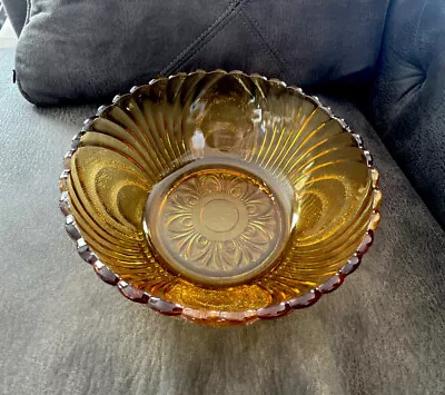 $10.99 • Buy VTG Brockway Nouveau Amber Swirl Glass Fruit Bowl Scalloped Edge 9”w X 5” Deep