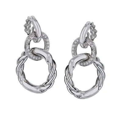 Movado 18k White Gold Round Twist Dangle Diamond Hoop Earrings .13ct Post Back • $1200