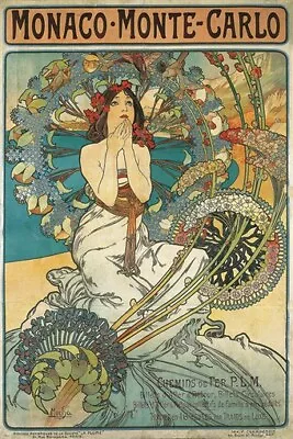 MONACO MONTE-CARLO Vintage Ad Poster ALPHONSE-MARIE MUCHA Bright Rare 20x30 • $9.99