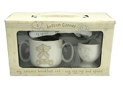 Baby Ceramic Breakfast Set Spoon Mug & Egg Cup Button Corner See Details • £5.95