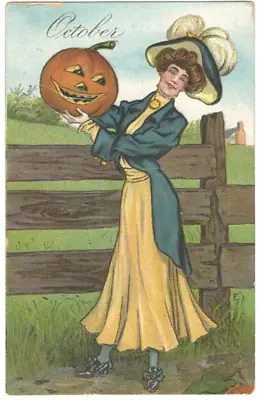 Vintage Halloween Postcard -victorian Lady Holding Large Jol • $13