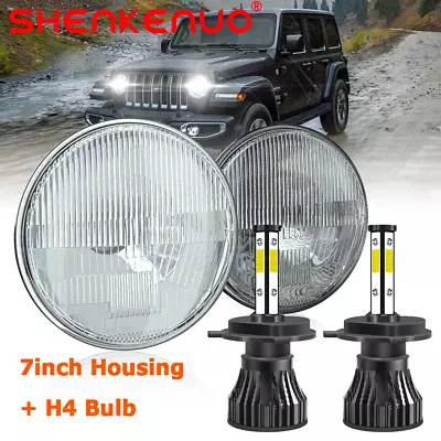 Pair 7  Inch Glass Round LED Headlights H4 Bulbs For Jeep Wrangler JK LJ TJ CJ • $65.99