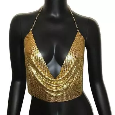 Metal Sequined Halter Women Sexy V Neck Backless Chain Plunge Tank Vest Crop Top • $9.99