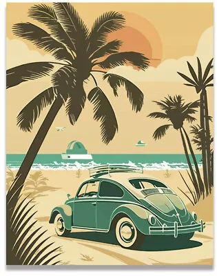 Palm Trees Volkswagen Beetle Poster Vintage Beach Surf 11x14 Inches Unframed • $9.95